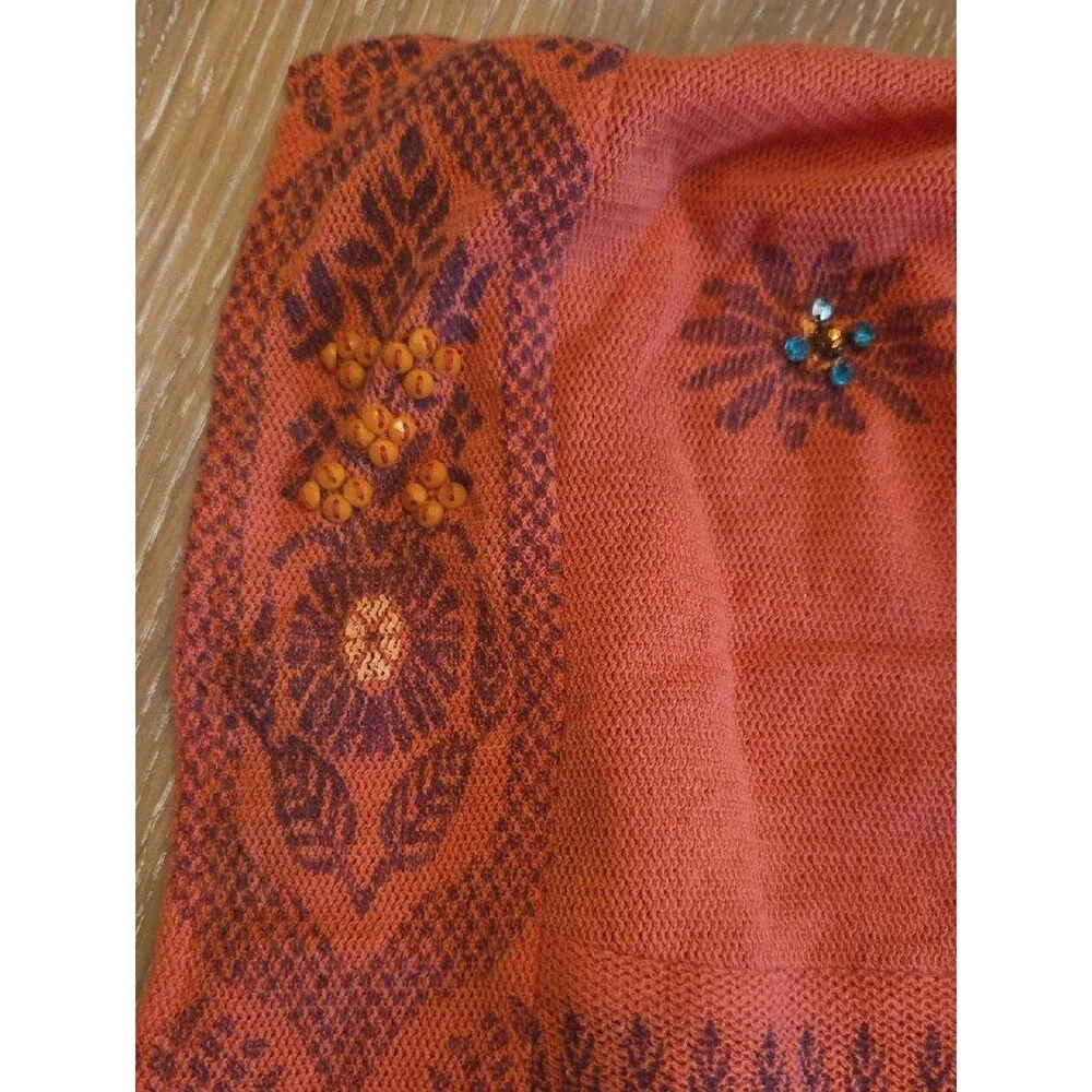 Free People New Romantics Beaded Artisan Gauzy Knit Tunic Top Coral S Crunchy